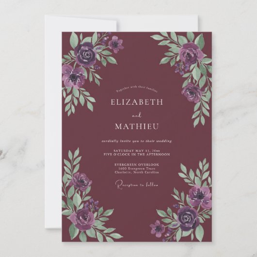 Pflaumen-Amethyst-Blatt-Hochzeit Einladung (Vorderseite)