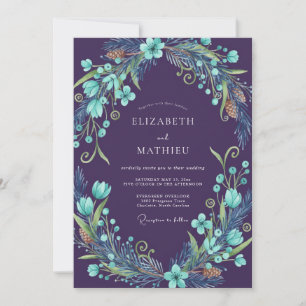 Pflaumen-Aqua-Kranz-Hochzeit Einladung