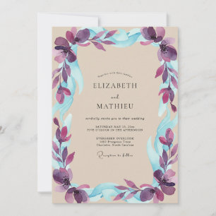 Pflaumen-Aquamarin-Laub-Grau-Eukalyptus-Hochzeit Einladung