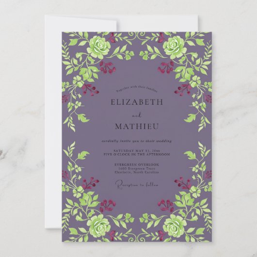 Pflaumen Chartreuse Rosen Hochzeit Einladung (Vorderseite)