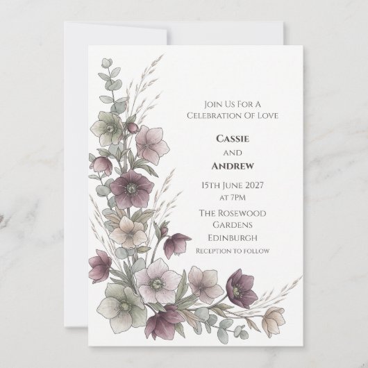 Pflaumen-Christrose-Eukalyptus-Botanische-Hochzeit Einladung (Vorderseite)