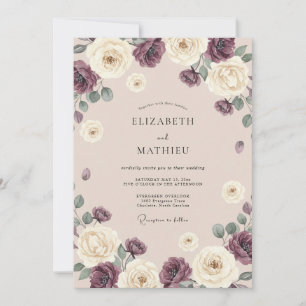 Pflaumen-Creme-Blüten-Romantik-Hochzeit Einladung