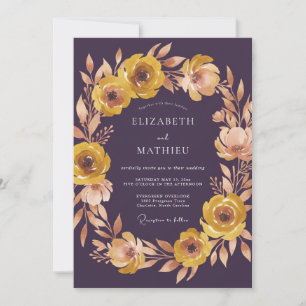 Pflaumen-Gelb-Blumen-Hochzeit Einladung