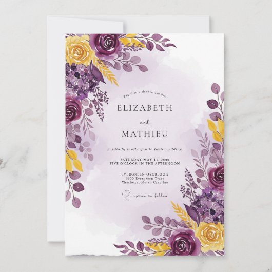 Pflaumen Gelb Üppige Botanische Hochzeit Einladung (Vorderseite)