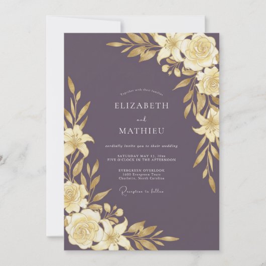 Pflaumen-Gold-Blatt-Hochzeit Einladung (Vorderseite)