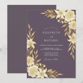 Pflaumen-Gold-Blatt-Hochzeit Einladung (Vorne/Hinten)