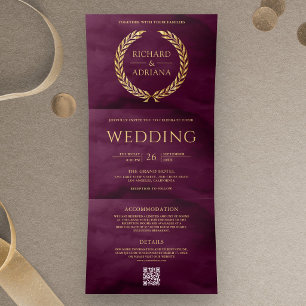 Pflaumen-Gold-Lorbeer-Minimal-QR-Code-Hochzeit Dreifach Gefaltete Einladung