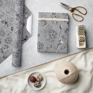 Pflaumen Graues, gelbes, florales Muster Geschenkpapier