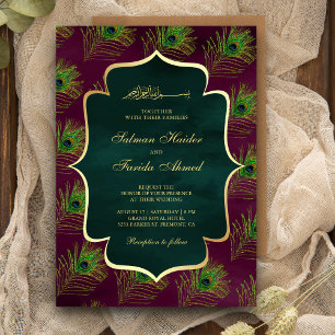 Pflaumen Grün Pfauenfedern Muslimische Hochzeit Einladung