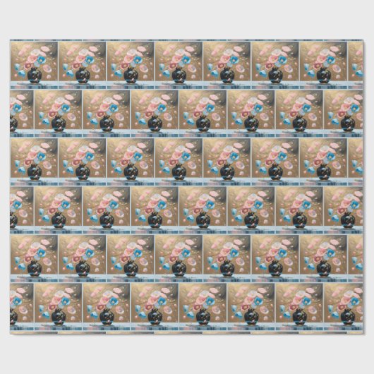 Pflaumen in schwarzer Vase Geschenkpapier (Flach)