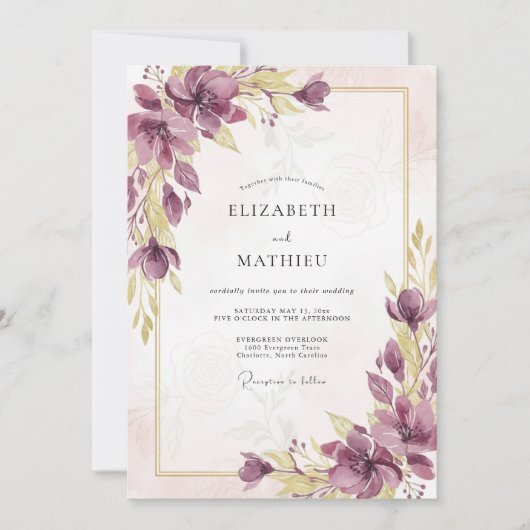 Pflaumen-Lavendel-Mohn-Hochzeit Einladung (Vorderseite)