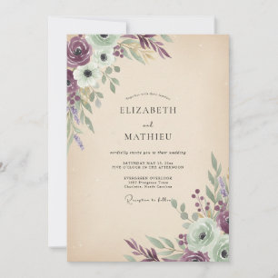 Pflaumen-Mauve-Wildblumen-Hochzeit Einladung