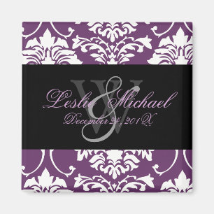 Pflaumen-Monogramm Damast-Hochzeit, Magnete Magnet