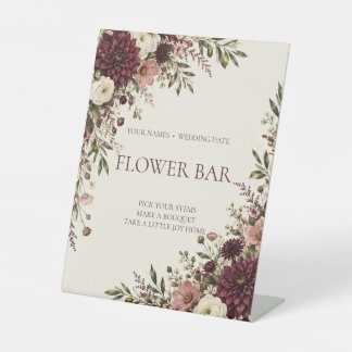 Pflaumen-Olivenzweig-Blumenbar-Hochzeitsschild Sockelschild