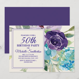 Pflaumen-Pfirsich-Blau-Aquarell-Blumen 50. Geburts Einladung