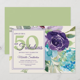 Pflaumen-Pfirsich-Blau-Aquarell-Blumen 50 und Fabe Einladung