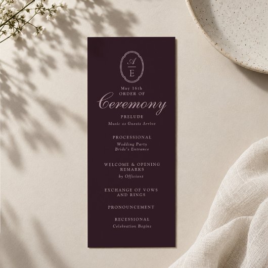 Pflaumen-Schwarz-Monogramm-Hochzeitsprogramm Einladung