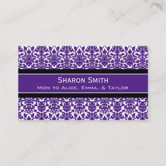 Pflaumen-schwarze Damast-Retro Mama-nennende Telefonnummerkarte (Vorderseite)
