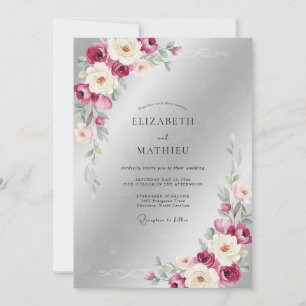 Pflaumen-Silber-Blatt-Hochzeit Einladung