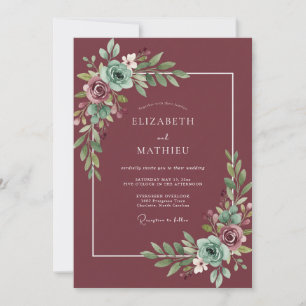 Pflaumen-Teal-Blatt-Hochzeit Einladung