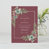 Pflaumen-Teal-Blatt-Hochzeit Einladung (Stehend Vorderseite)