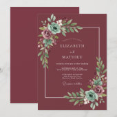 Pflaumen-Teal-Blatt-Hochzeit Einladung (Vorne/Hinten)