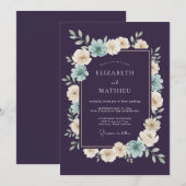 Pflaumen-Türkis Botanische Romantische Hochzeit Einladung (Vorne/Hinten)