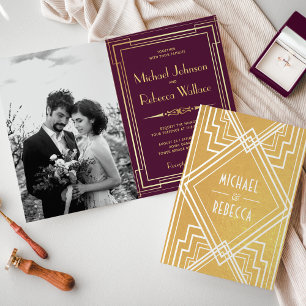 Pflaumen- und Goldfolie Art Deco Hochzeitseinladun Folienkarte