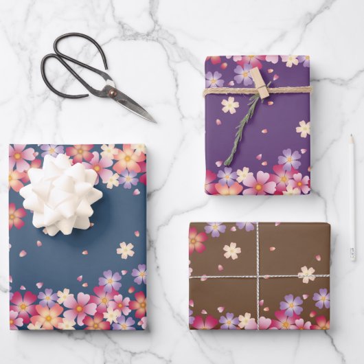 Pflaumen und Kirschblüten, dunkle Farbpalette Geschenkpapier Set (Vorderseite)