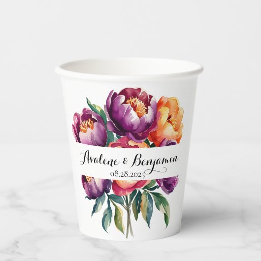 Pflaumen und Orangefarbene Peony Bouquet Wedding Pappbecher (Vorderseite)