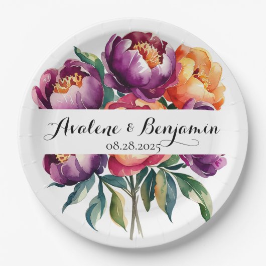 Pflaumen und Orangefarbene Peony Bouquet Wedding Pappteller (Vorderseite)