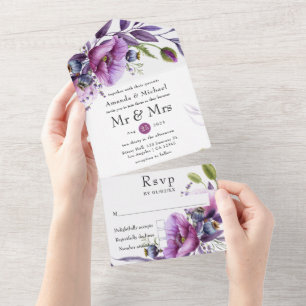 Pflaumen- und Pastell-Violett-Aquarell-Blumenhochz All In One Einladung