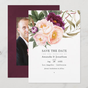 Pflaumen- und Pfirsich-Blumen-Hochzeitsfoto Save The Date