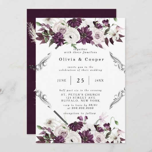 Pflaumen und Silber Geometric Floral Wedding Einladung (Vorne/Hinten)