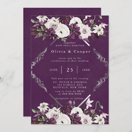 Pflaumen und Silber Geometric Floral Wedding Einladung (Vorne/Hinten)