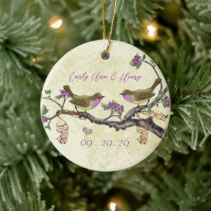 Pflaumen-Vintage-Vogel 1. Weihnachten Foto Braune Keramikornament