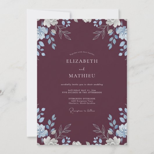 Pflaumenblaue Hochzeit mit Immergrün Einladung (Vorderseite)