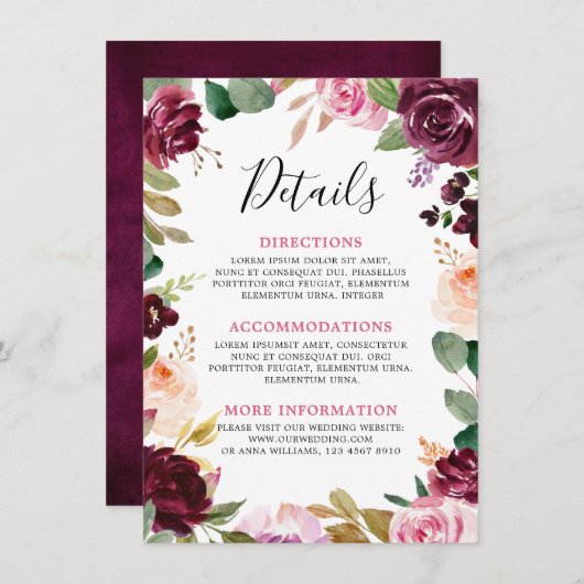 Pflaumenblütenpink-Lila Blütenhochzeit Begleitkarte (Vorne/Hinten)