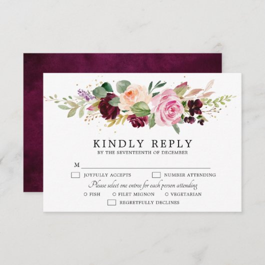 Pflaumenblütenpink-Lila Blütenhochzeit RSVP Karte (Vorne/Hinten)