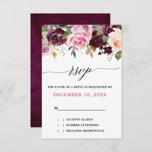 Pflaumenblütenpink-Lila Blütenhochzeit RSVP Karte (Vorne/Hinten)