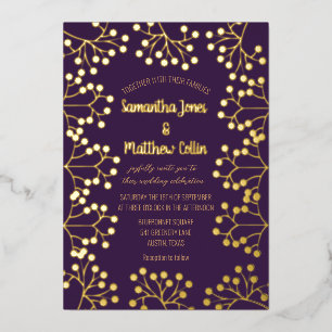 Pflaumenfarbene Baby-Atem-Blumen-Hochzeit mit Gold Folieneinladung