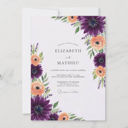Pflaumenfarbene florale Hochzeit Einladung (Vorderseite)