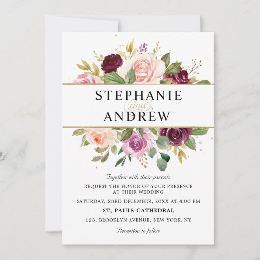 Pflaumenfarbene Lila Blütenpink Geometrische Blüte Einladung (Vorderseite)