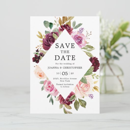 Pflaumenfarbene Lila Blütenpink Geometrische Blüte Save The Date (Stehend Vorderseite)