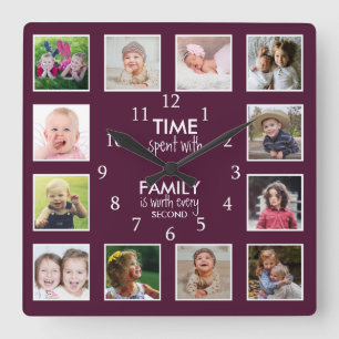 Pflaumenfarbene Zeit mit Familienzitat 12 Foto Quadratische Wanduhr