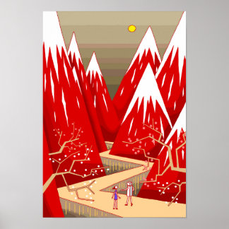 Pflaumengebäum und rot gefärbte Berge. Poster
