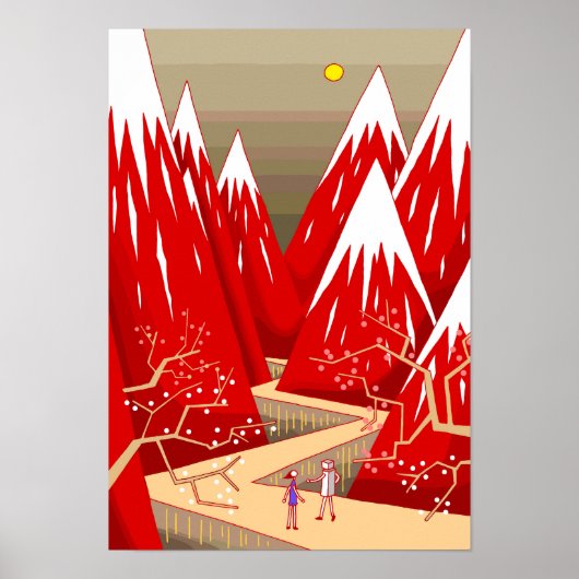 Pflaumengebäum und rot gefärbte Berge. Poster (Vorne)