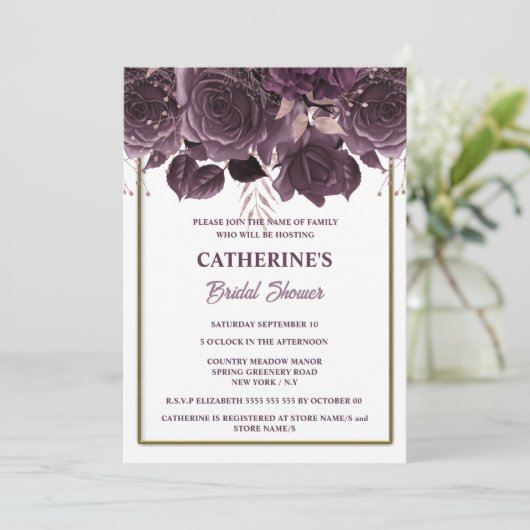 Pflaumengold Rosa Aquarell Brautparty Chic Einladung (Stehend Vorderseite)