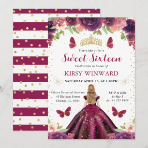 Pflaumenkleid Blondine Prinzessin Sweet 16 Einladung