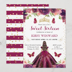 Pflaumenkleid Brünette Prinzessin Sweet 16 Einladung